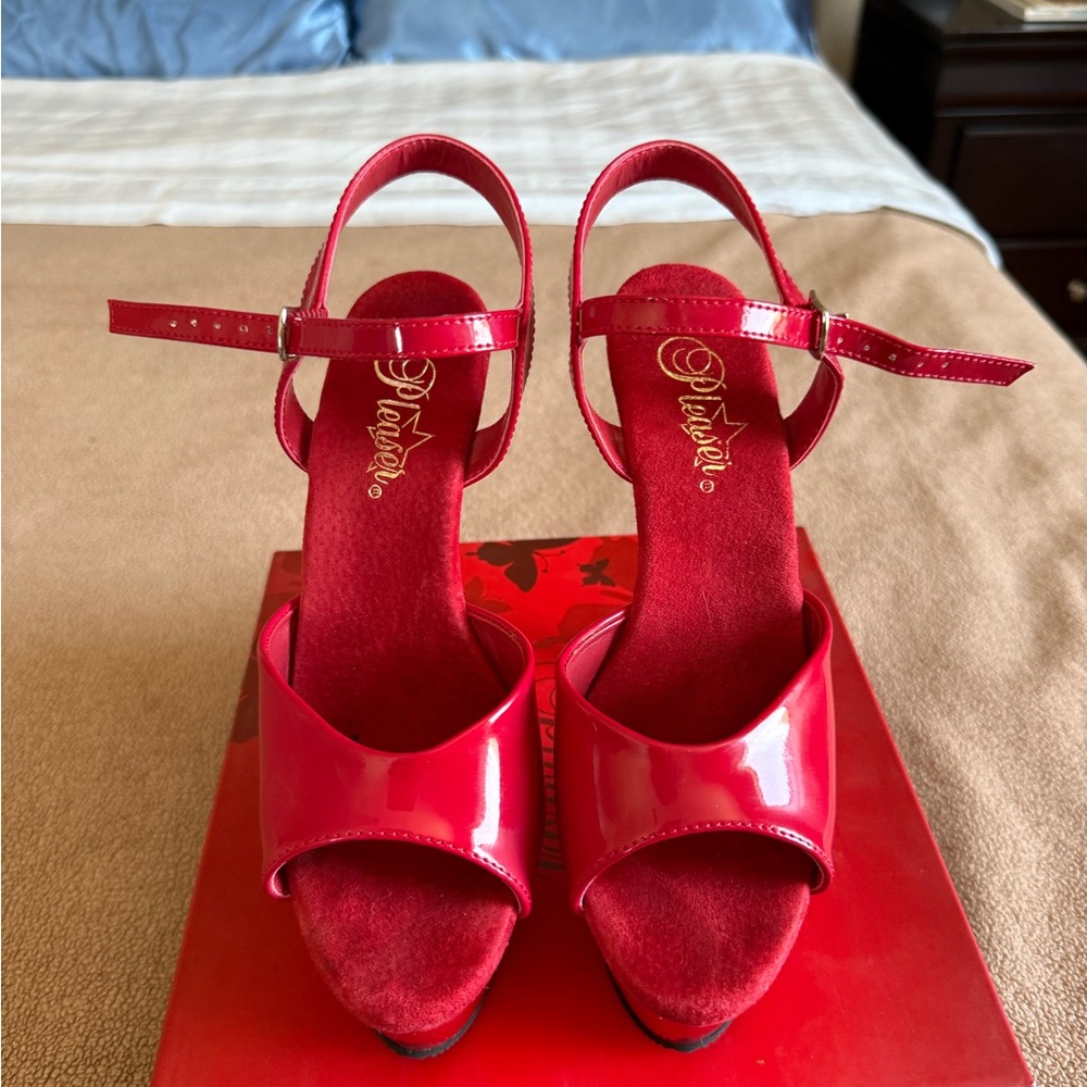 Like New Pleaser Red Platform Stilettos with Ankle Strap - Picture 5 of 6